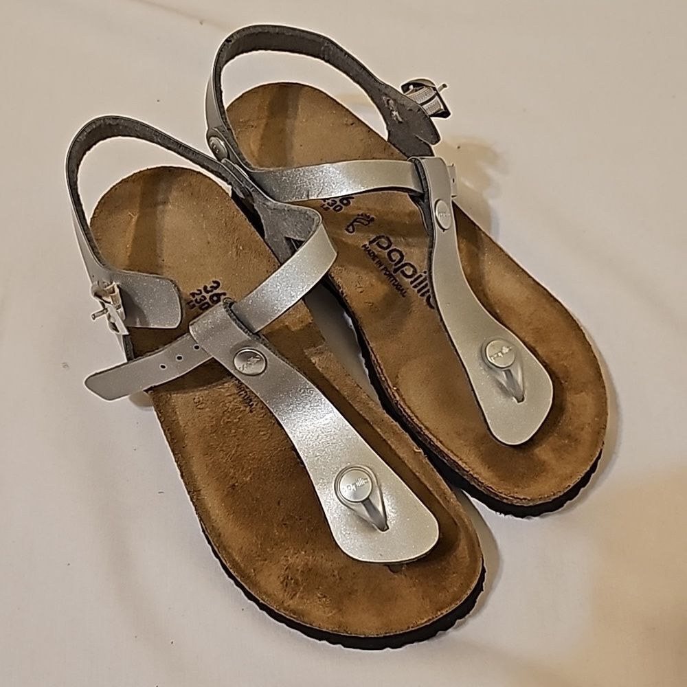 Papillio Metallic Silver T-Strap Cork Sandals